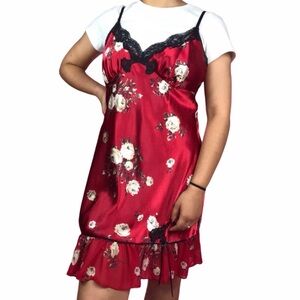 Vintage Floral Slip Dress Babydoll Chemise Lace Satin Silky Red Black Size S / M
